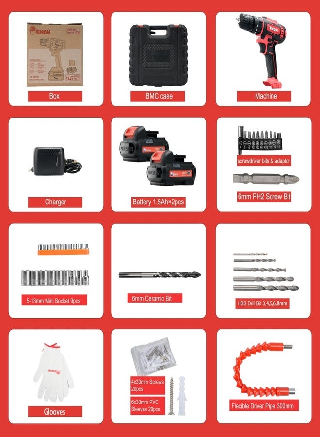 Enon Cordless Impact Drill for Home Use, 12.6V, 1500RPM, 22NM Torque, Keyless Chuck 10mm, 25 Level Torque, 2 Speed Modes, 3 Functions, Magnetic Base, 2x1.5Ah Batteries, 82 Pcs Drill Kit (XE-CD1610) - Image 3